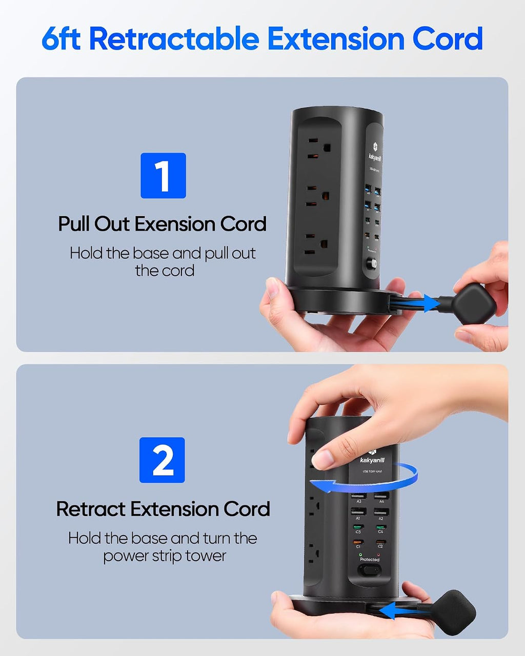 Power Strip Tower, kakyanill PD 65W Charging Station 9 AC Outlets 8 USB