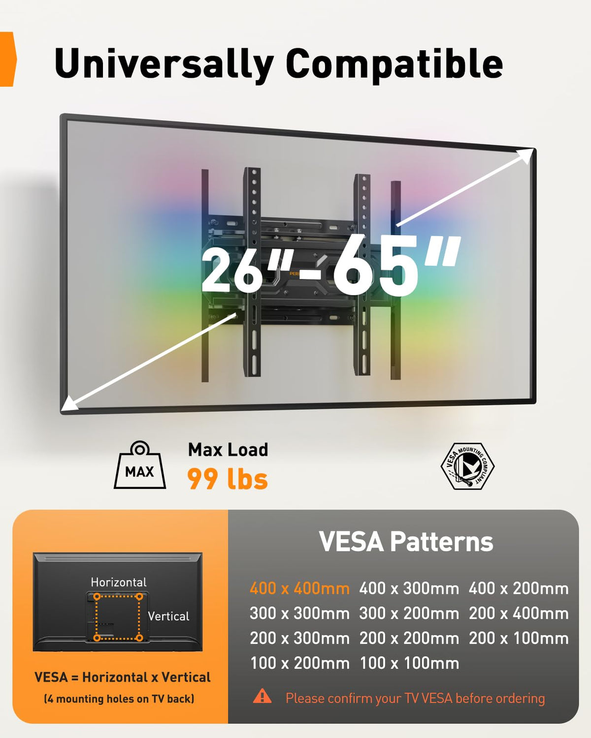 Perlegear UL Listed Full Motion TV Wall Mount for 42-90" TVs up to 132lbs