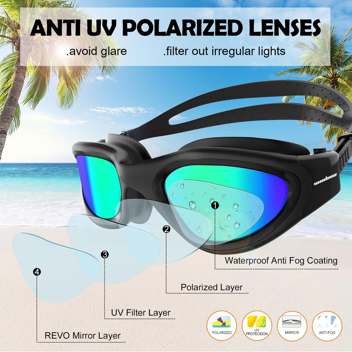 Winline Adult Swimming Goggles,Open Water Goggles Swimming Anti Fog UV Protection No Leakage Clear Vision Easy to Adjust for Adults Men Women Teenagers