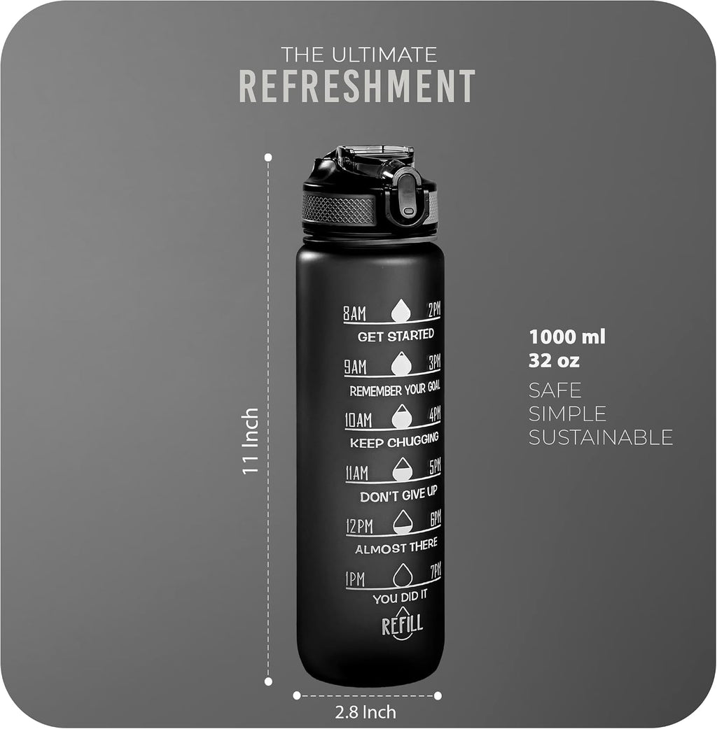 Roe Tenpo Sports Water Bottle with Straw and Time Marking, and 32OZ Capacity - Motivational and Eco-Friendly BPA-Free Bottle for Running, Gym, Yoga, Outdoors, and Camping (Style-1, Black)