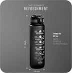 Roe Tenpo Sports Water Bottle with Straw and Time Marking, and 32OZ Capacity - Motivational and Eco-Friendly BPA-Free Bottle for Running, Gym, Yoga, Outdoors, and Camping (Style-1, Black)