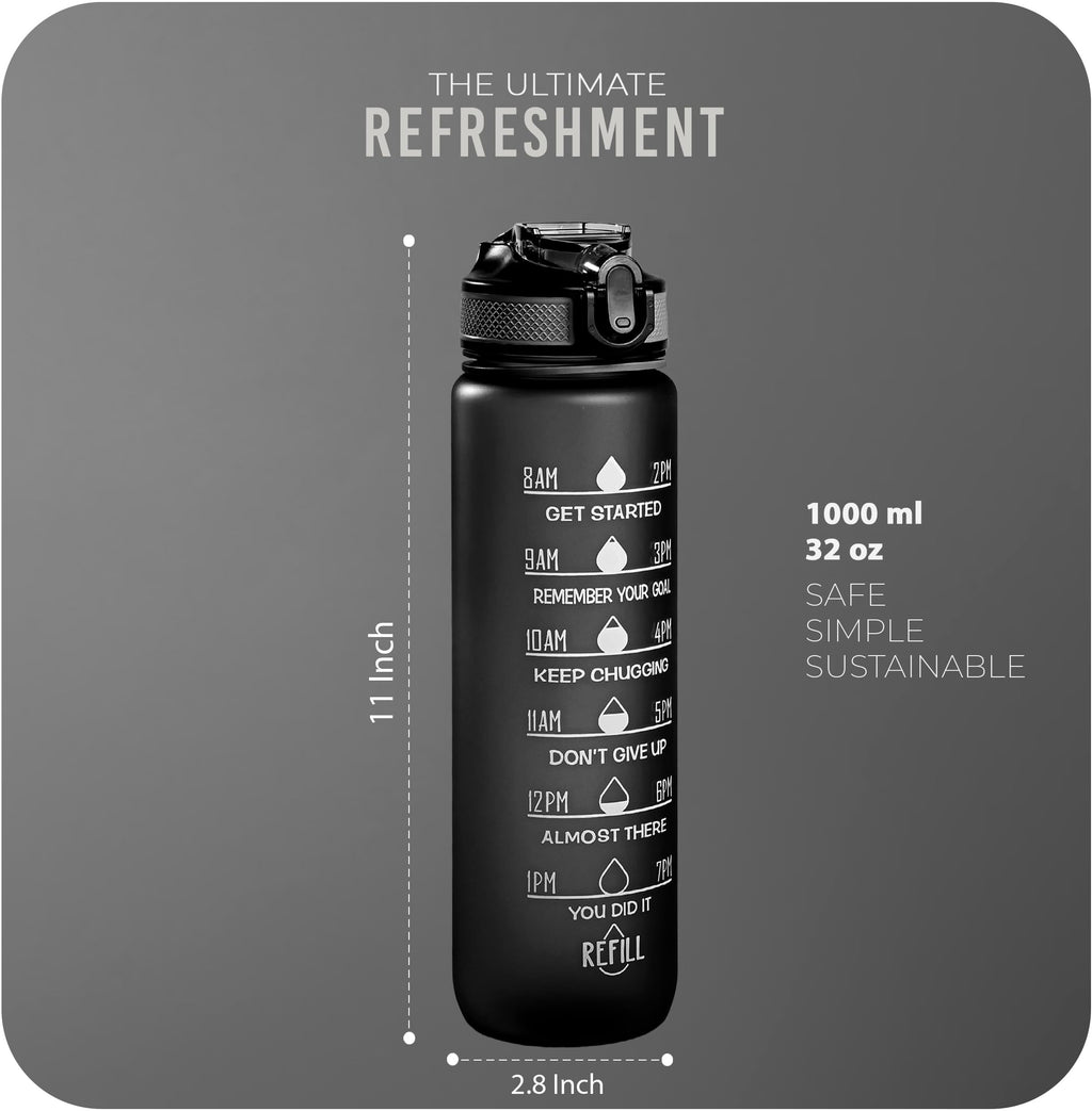 Roe Tenpo Sports Water Bottle with Straw and Time Marking, and 32OZ Capacity - Motivational and Eco-Friendly BPA-Free Bottle for Running, Gym, Yoga, Outdoors, and Camping (Style-1, Black)