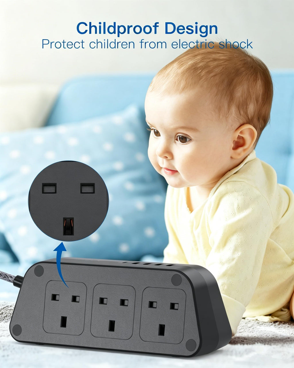 Extension Lead with USB Slots, 6 Way Outlets 5 USB (5A, 3 USB- C Port),1.6M