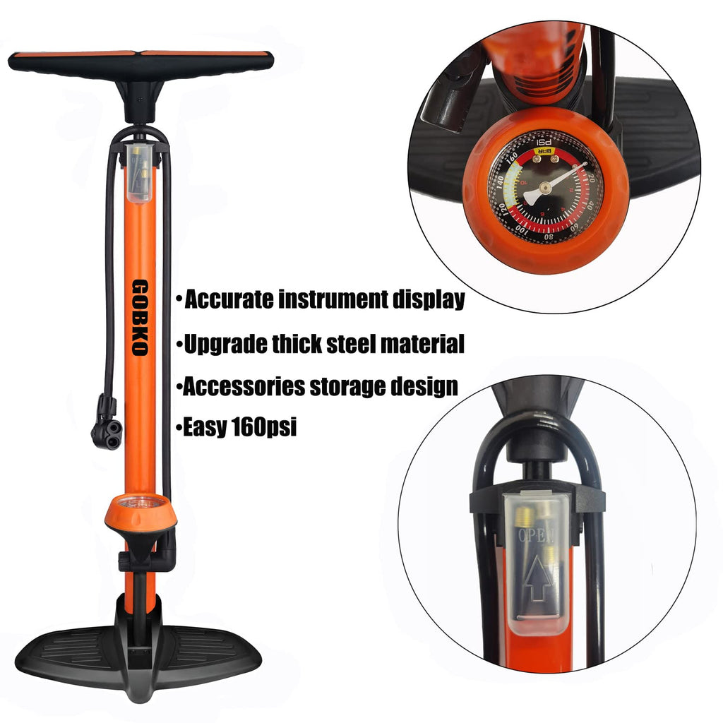 GOBKO Bike Pump Bicycle Floor Pump with Gauge, Bicycle Pumps with Presta and Schrader tire Pump multifunctional Air Pump for Road Bike MTB Sports Balls Pump High Pressure 160Psi &11Bar