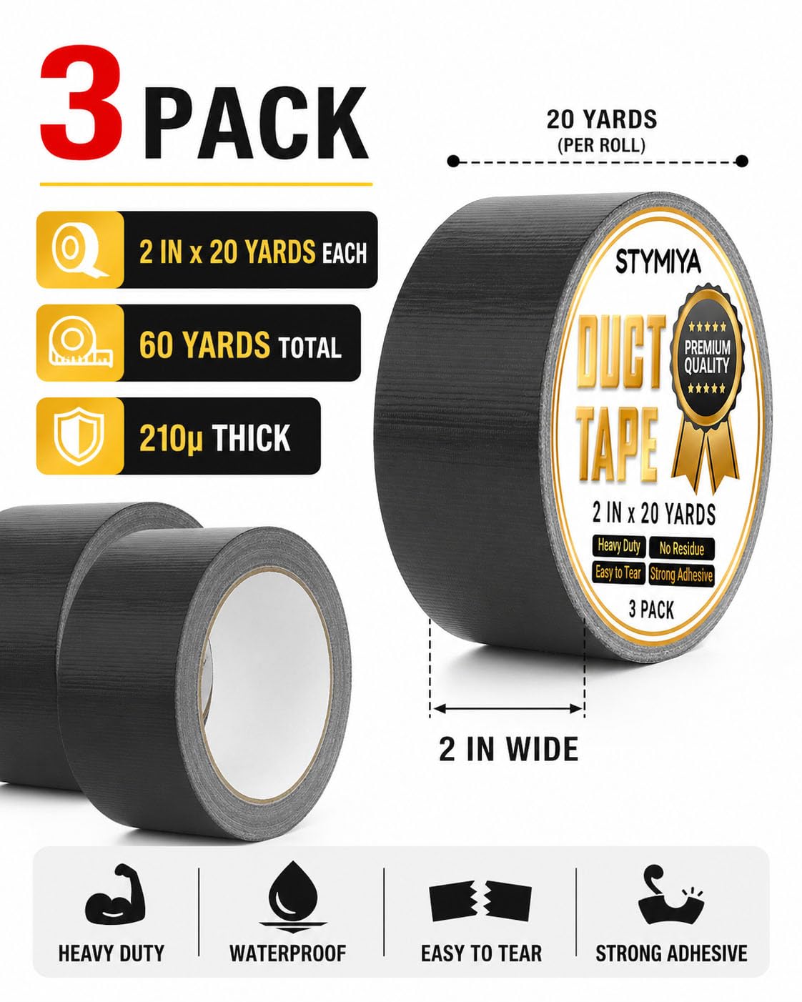 Black Duct Tape Heavy Duty: 3 Rolls 2inch x 20yd Wide Waterproof Outdoor - Strong Adhesive Weather Tapes Repair Bulk - Ductape for Patterns Masking Packing Furniture Kids Craft (3, Matte Black)