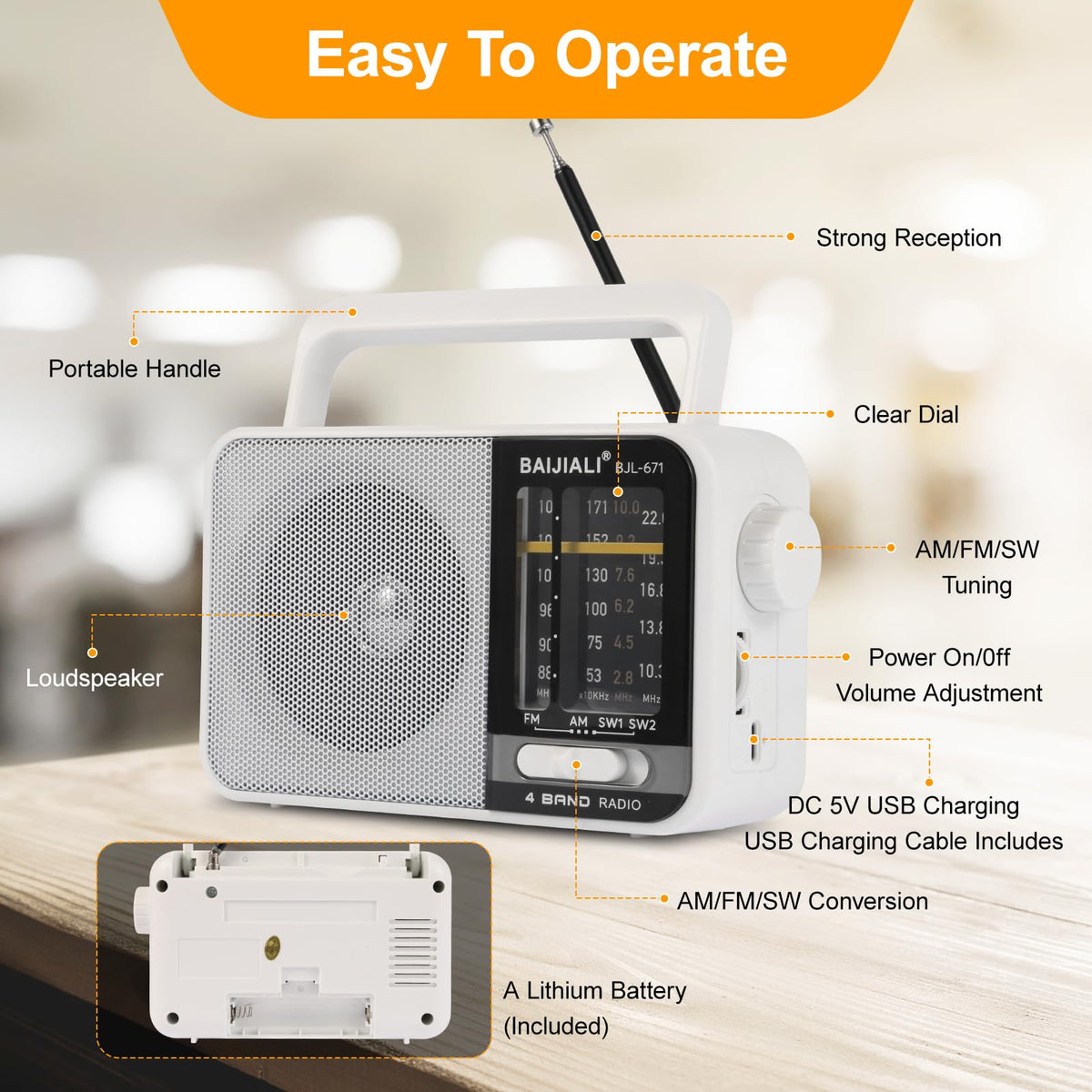 Portable AM/FM Transistor Radio with Loud Speaker, Battery or USB Powered