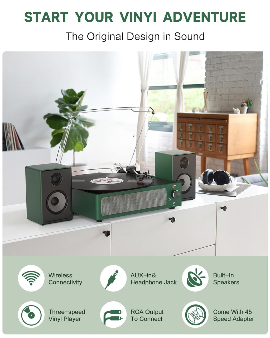 Seasonlife® Retro Vinyl Record Player with Stereo Speakers,Walnut Brown