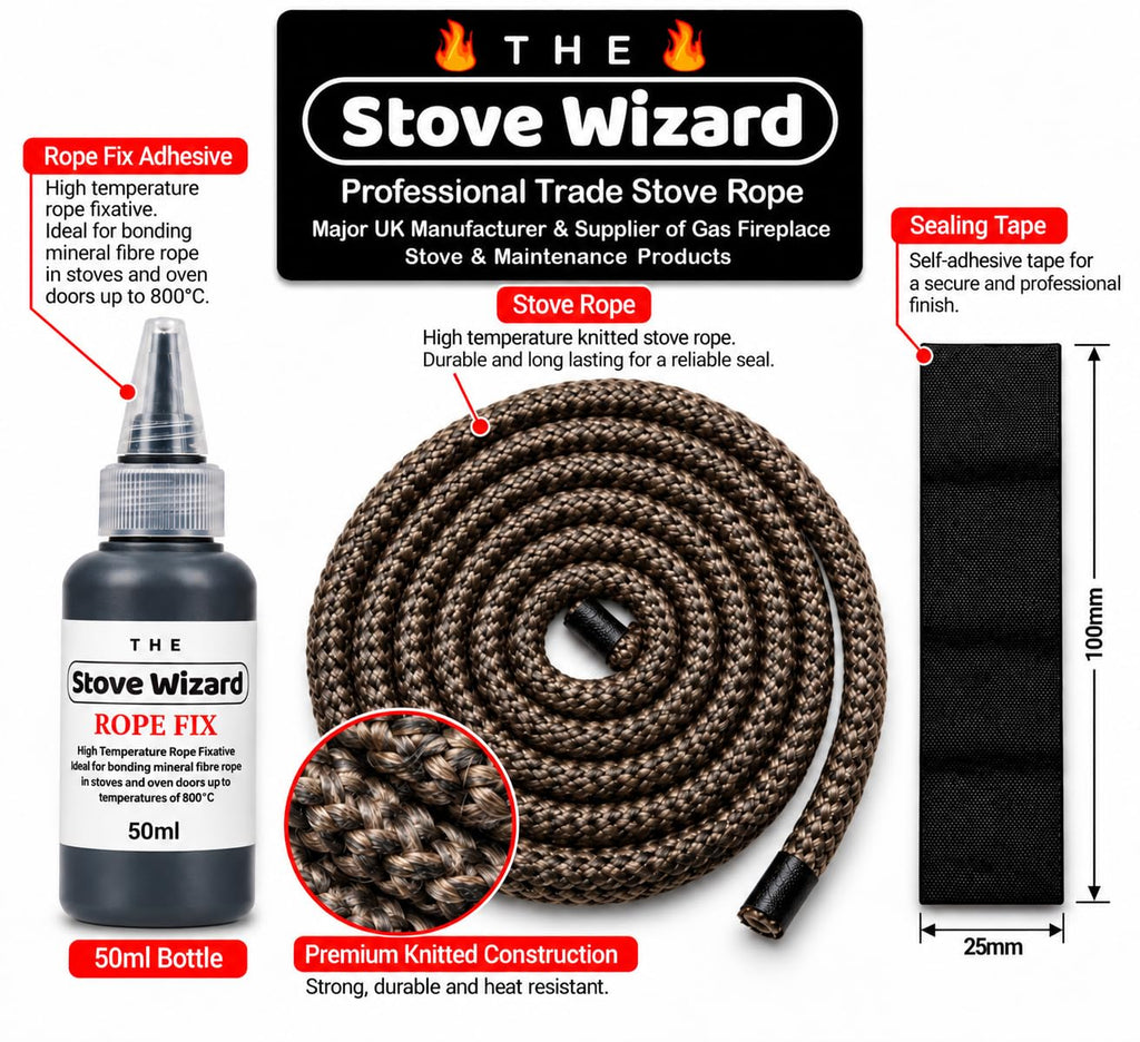 Stove Rope Kit 10mm x 2.5m Black 50ml Glue 100mm Tape