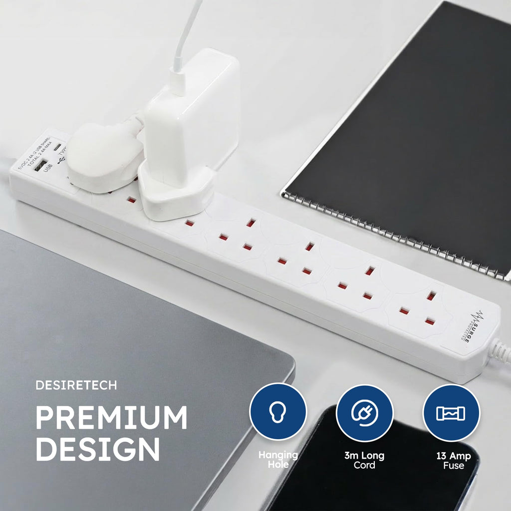 DESIRETECH White Electric Extension Lead - 6 Gang, 1 Metre Cable with UK Plug & 3 Pin Socket - Wall Mountable & Multi Socket Mains Strip for Home, Bedroom, Kitchen, & Office (1 Pack)