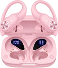 PocBuds Bluetooth Headphones Wireless Earbuds 80hrs Playtime Wireless Charging Case Digital Display Sports Ear Buds with Earhook Deep Bass IPX7 Waterproof Over-Ear Earphones for TV Phone Laptop Pink