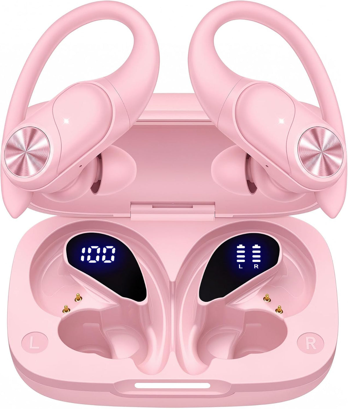 PocBuds Bluetooth Headphones Wireless Earbuds 80hrs Playtime Wireless Charging Case Digital Display Sports Ear Buds with Earhook Deep Bass IPX7 Waterproof Over-Ear Earphones for TV Phone Laptop Pink