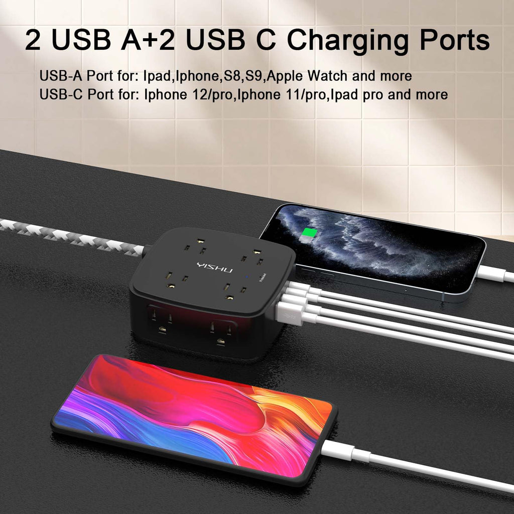 6 Ft Surge Protector Power Strip - YISHU 8 Widely Outlets with 4 USB Ports, 3 Side Outlet Extender with 6 Feet Flat Extension Cord, Ultra Flat Plug, Wall Mount, Desk USB Charging Station, ETL, Black