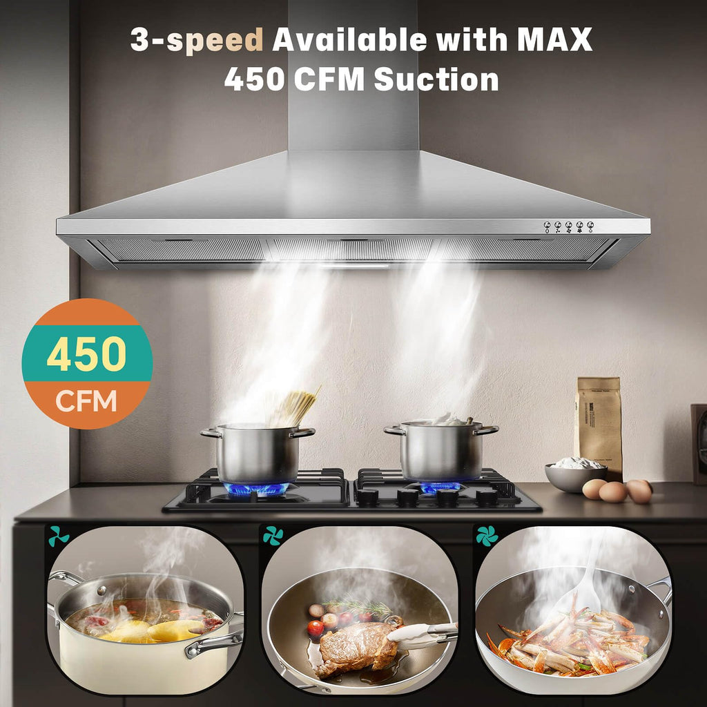 SNDOAS Range Hood 30 inch,Wall Mount Range Hood in Stainless Steel With Ducted/Ductless Convertible,Stove Vent Hood with Aluminum Filters,3 Speed Exhaust Fan,LED Light,Button Control