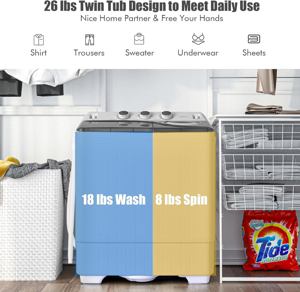 COSTWAY Portable Washing Machine, Twin Tub 26lbs Capacity Laundry, 18lbs Washer and 8lbs Spinner Combo with Timer Knobs, Built-in Drain Pump, Compact Washer for Home Dorm Apartment (Grey+White)
