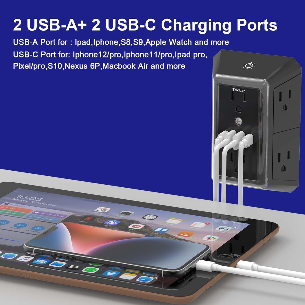 Multi Plug Wall Outlet Surge Protector with 6-Outlet & 4 USB Ports(2USB-C)
