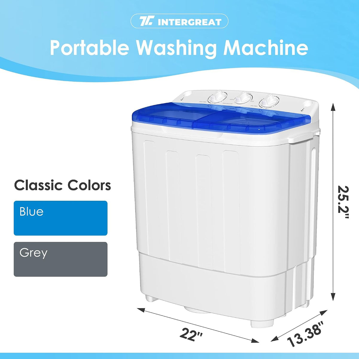 INTERGREAT Portable Washer and Dryer, 25lbs Mini Small Washing Machine Combo with Spin Dryer, Compact Twin Tub Laundry Washer Machine for Apartments, Dorm, Rv, Camping, Blue