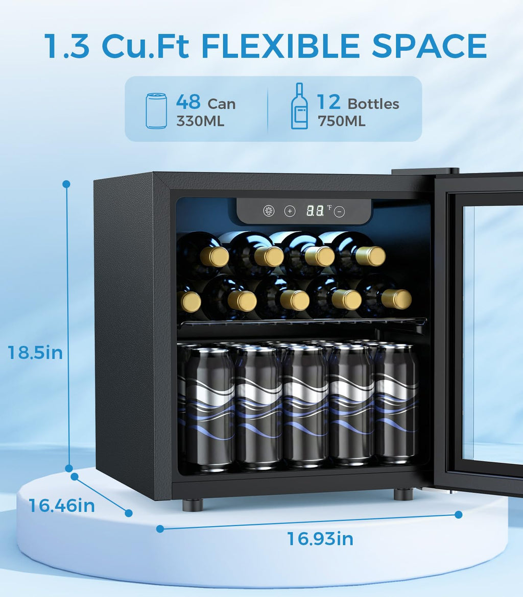 Electactic 48 Can Beverage Refrigerator,12 Bottle Wine Cooler with Seamless Stainless Steel & Glass Door, Digital Temperature Display, Countertop Mini Fridge for Soda, Wine or Beer, Silver