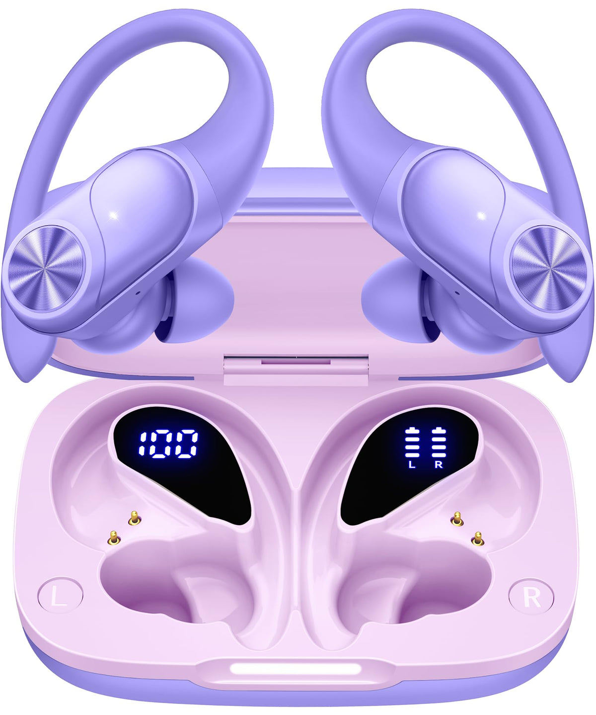 PocBuds Bluetooth Headphones Wireless Earbuds 80hrs Playtime Wireless Charging Case Digital Display Sports Ear Buds with Earhook Deep Bass IPX7 Waterproof Over-Ear Earphones for TV Phone Laptop Pink