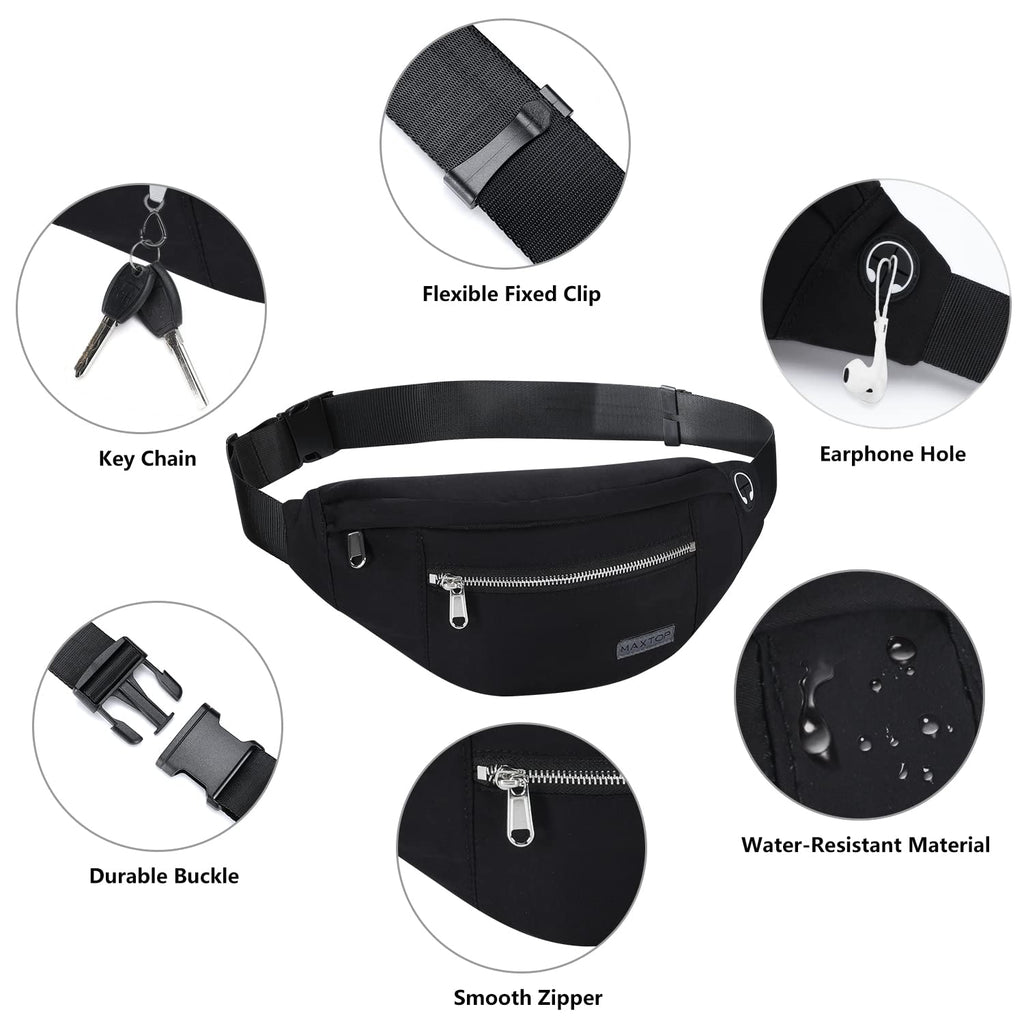 MAXTOP Large Bumbag Waist Fanny Pack Running Belt for Men Women Unisex Bum Bag with Headphone Jack and 4-Zipper Pockets Adjustable Belt for Travel Running Jogging Workout Hiking Gifts All Black