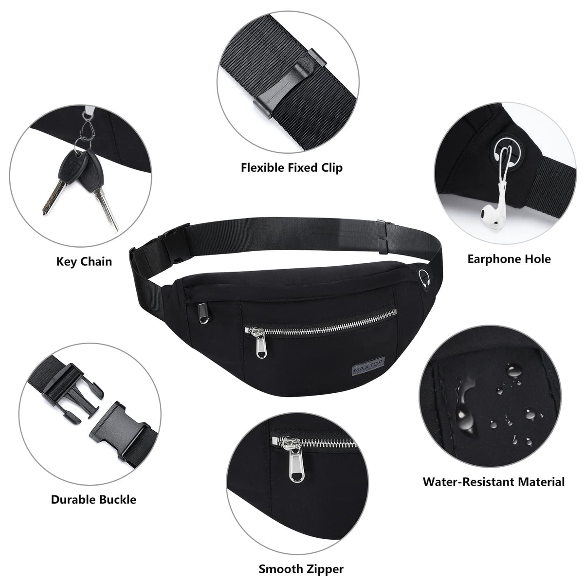 MAXTOP Large Bumbag Waist Fanny Pack Running Belt for Men Women Unisex Bum Bag with Headphone Jack and 4-Zipper Pockets Adjustable Belt for Travel Running Jogging Workout Hiking Gifts All Black