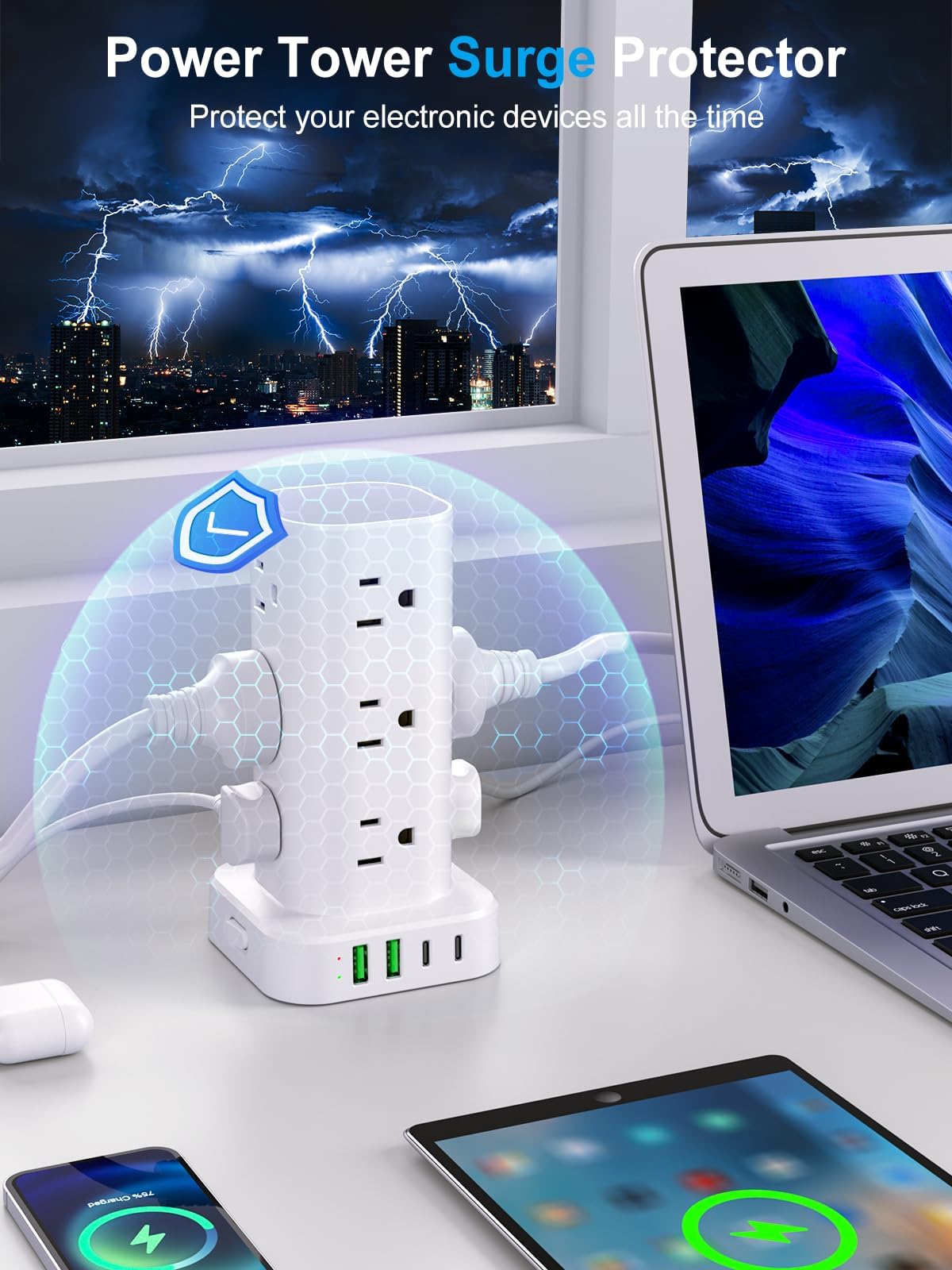 6FT Power Strip Tower with Wireless Charger,Surge Protector with 12 Outlets