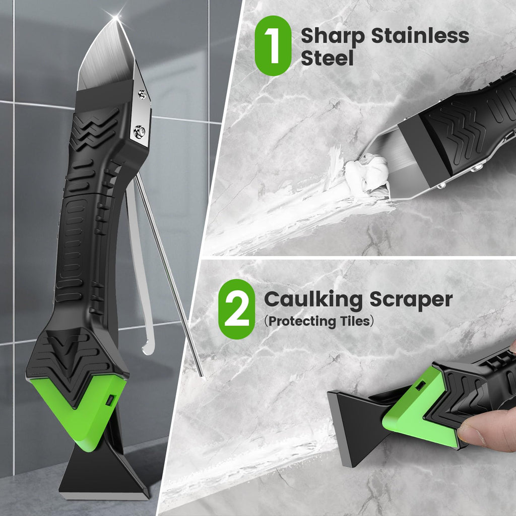 Caulking Tool 5 in 1 Silicone Caulking Grout Removal Sealant Finishing Tool with Grout Scraper, 6 Exchange Silicone Pads, Adhesive Residue Scraper Seam Repair Kit for Kitchen Bathroom White