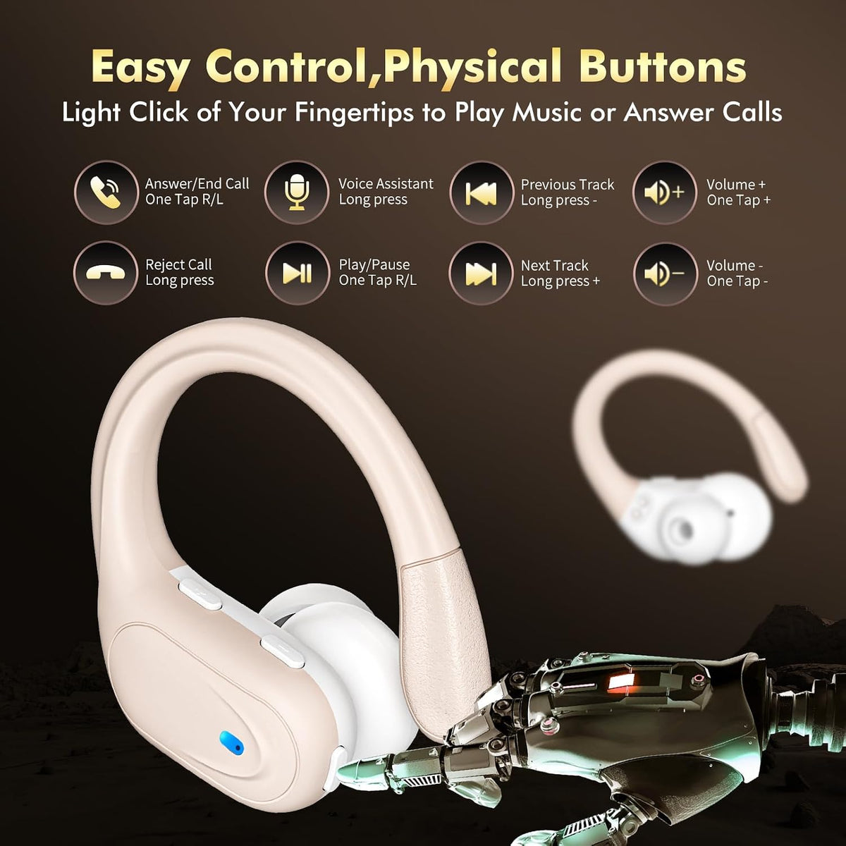 HAOYUYAN Wireless Earbuds, Sports Bluetooth Headphones, 80Hrs Playtime Ear Buds with LED Power Display, Noise Canceling Headset, IPX7 Waterproof Earphones for Workout/Running (Camel)