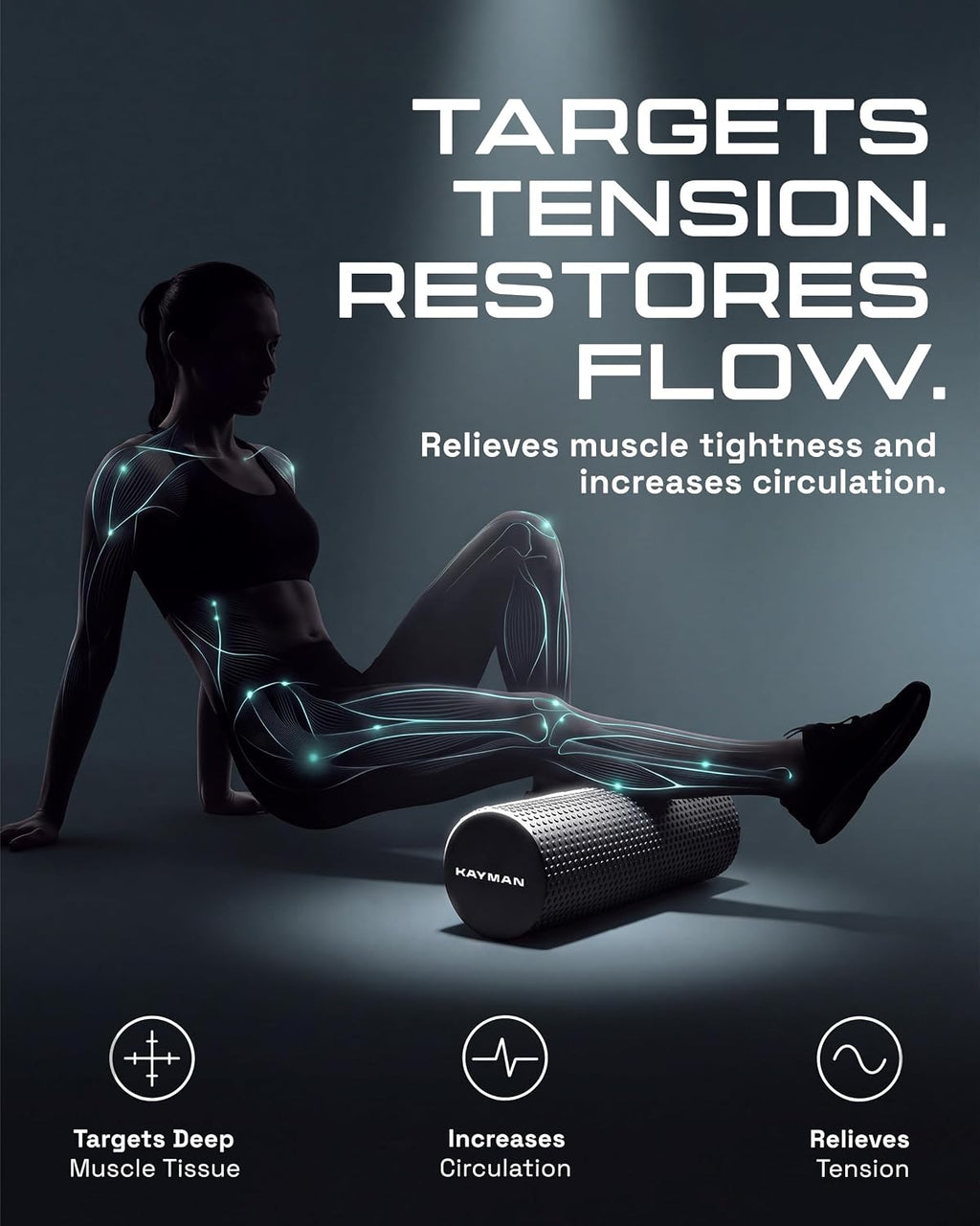 KAYMAN Sports Foam Roller, Deep Tissue Muscle Recovery, 44.5 x 15cm, Black