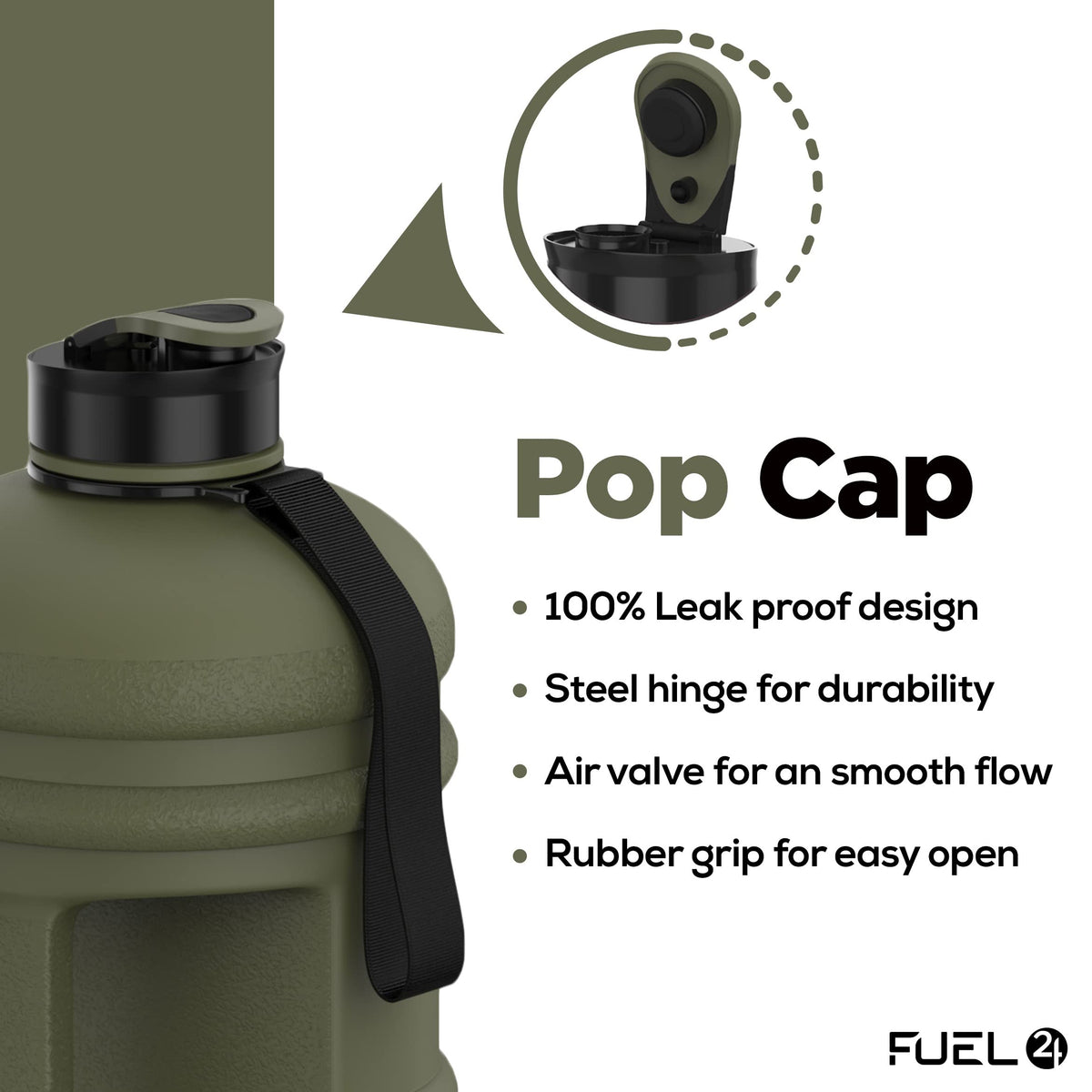 Fuel24 Jug - 2.2 Litre Water Bottle - Extra Strong Flex Material - Drop Proof, Pop or Straw Cap Options - 2.2L Large Gym Sports Bottle, BPA FREE