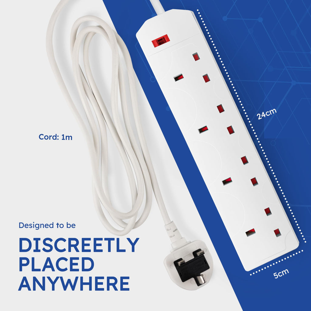 DESIRETECH White Electric Extension Lead - 6 Gang, 1 Metre Cable with UK Plug & 3 Pin Socket - Wall Mountable & Multi Socket Mains Strip for Home, Bedroom, Kitchen, & Office (1 Pack)