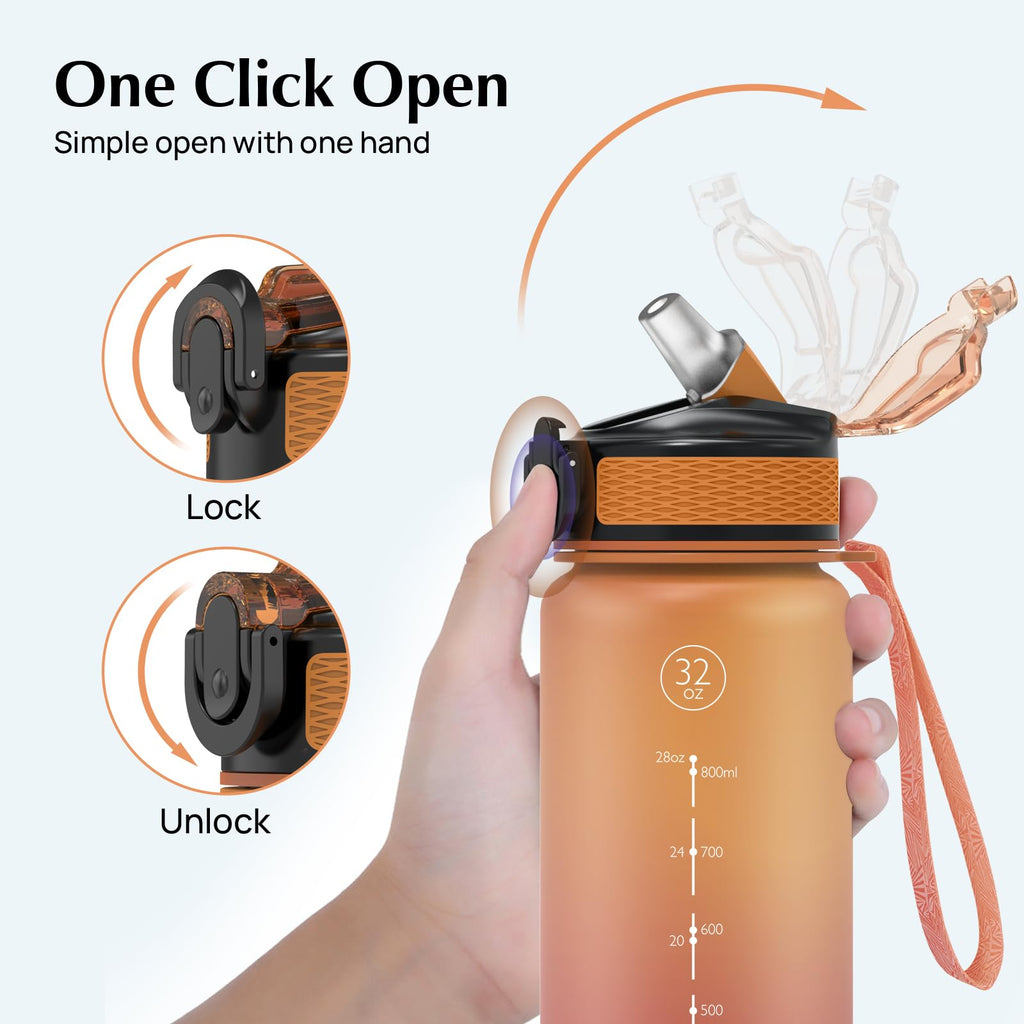 EYQ 1L Water Bottle, 1 Litre Water Bottle with Straw, 32oz Leak-Proof Motivational Sports Drinks Bottle with Time Marker, Tritan BPA-Free, Drinking Waterbottles for Gym Outdoor Sports