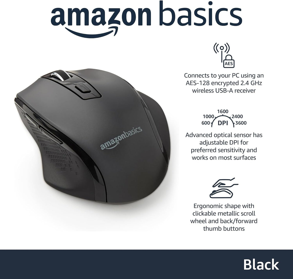 Amazon Basics Wireless Mouse, Ergonomic Mouse with Adjustable DPI 600-3600, 2.4 GHz USB Receiver for Home Office Laptop Desktop, Black