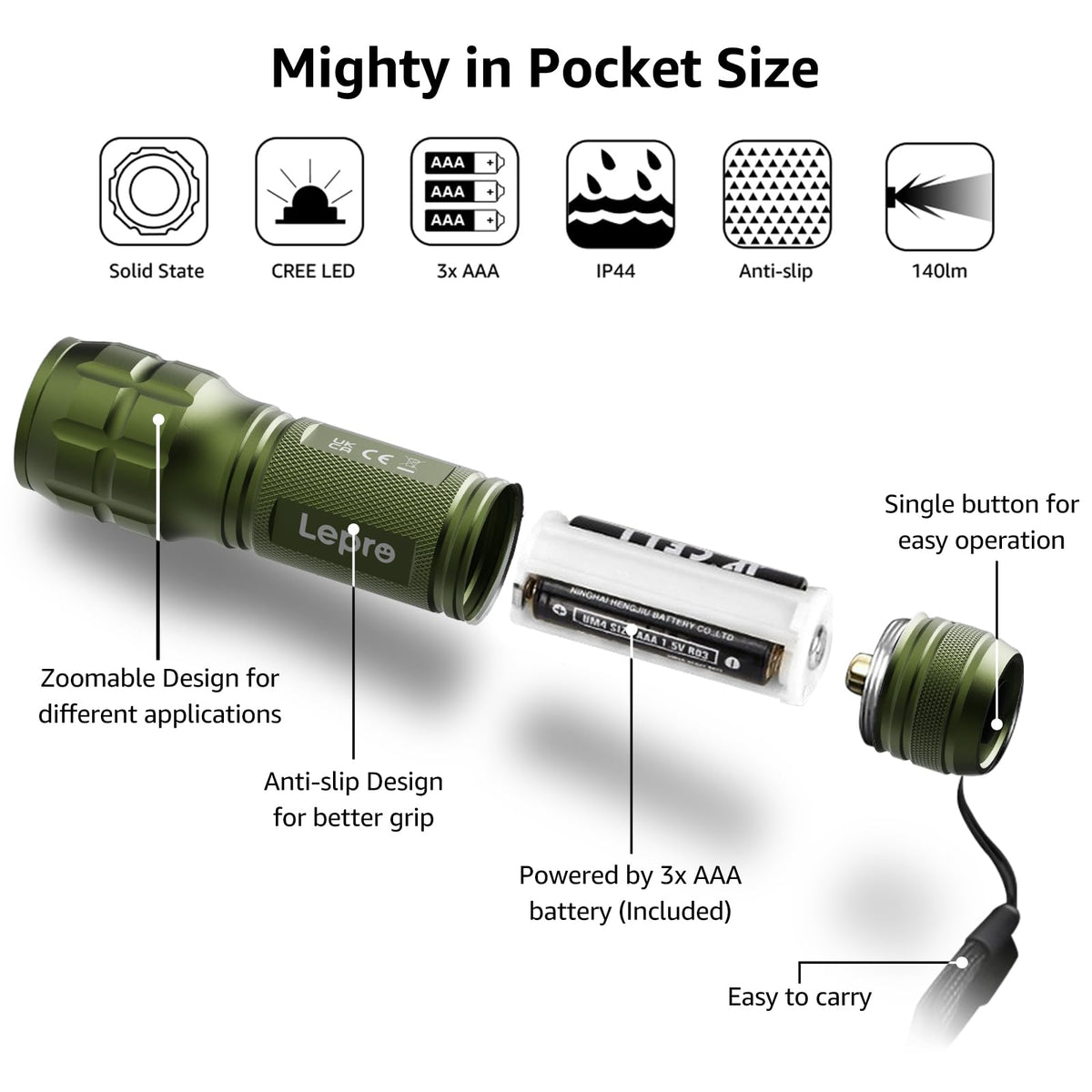LE LED Torch, LE1000 Powerful Handheld Flashlight, Adjustable Focus, 4 PCs