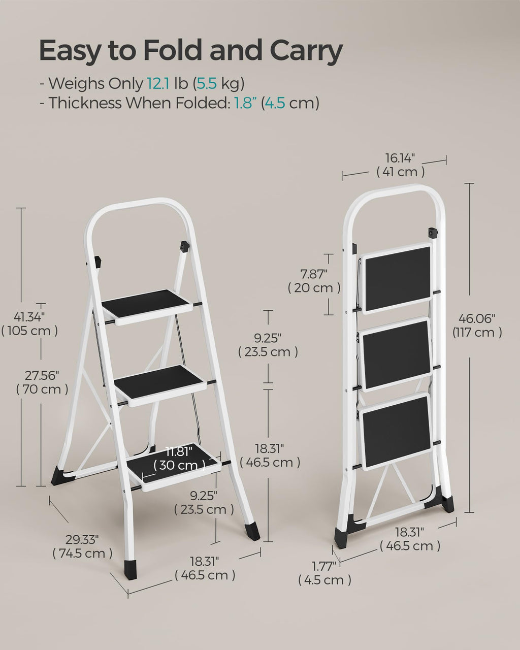 SONGMICS 3-Step Ladder, Folding Step Ladder, Safety, Holds up to 150KG