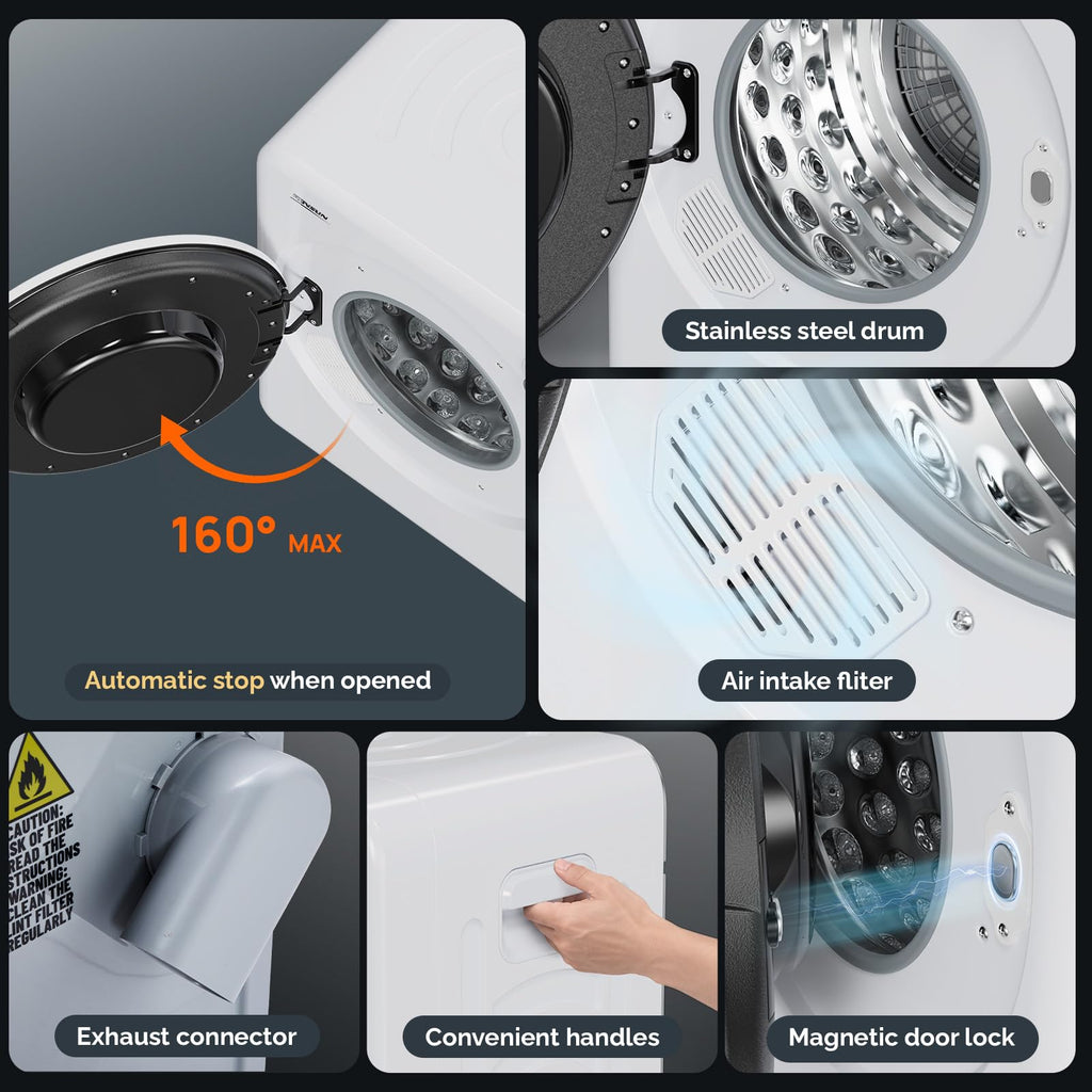 ROVSUN 110V Portable Clothes Dryer, High End Laundry Front Load Tumble Dryer Machine with Stainless Steel Tub & Simple Control Knob for Apartment, Dorm-850W, White