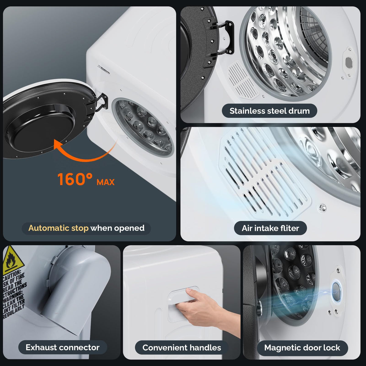 ROVSUN 110V Portable Clothes Dryer, High End Laundry Front Load Tumble Dryer Machine with Stainless Steel Tub & Simple Control Knob for Apartment, Dorm-850W, White