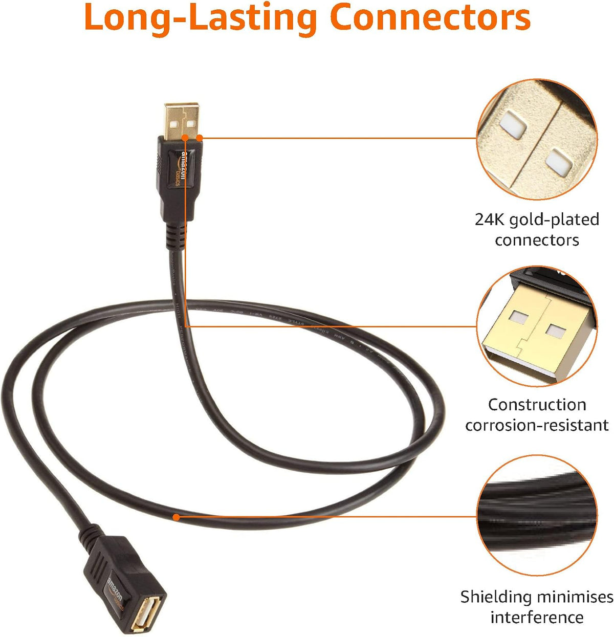Amazon Basics USB Extension Cable 2.0 A-Male to A-Female, 1 m, Black