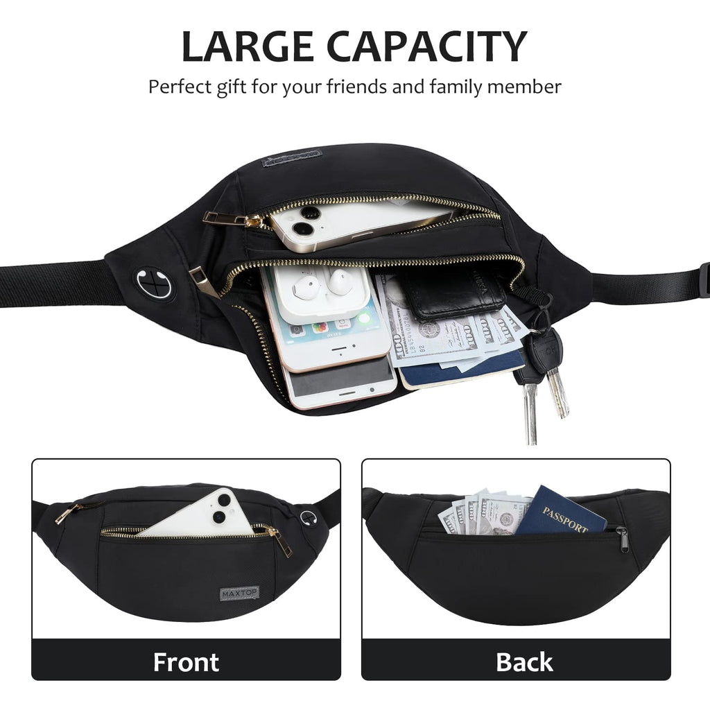 MAXTOP Large Bumbag Waist Fanny Pack Running Belt for Men Women Unisex Bum Bag with Headphone Jack and 4-Zipper Pockets Adjustable Belt for Travel Running Jogging Workout Hiking Gifts All Black