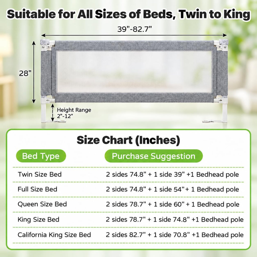 3-Piece Queen Size Bed Rail for Toddlers - Adjustable Baby Bed Rail Guard, Kids Safety Bed Rail for Queen Size Bed (78.7"x78.7"x60"-Grey)