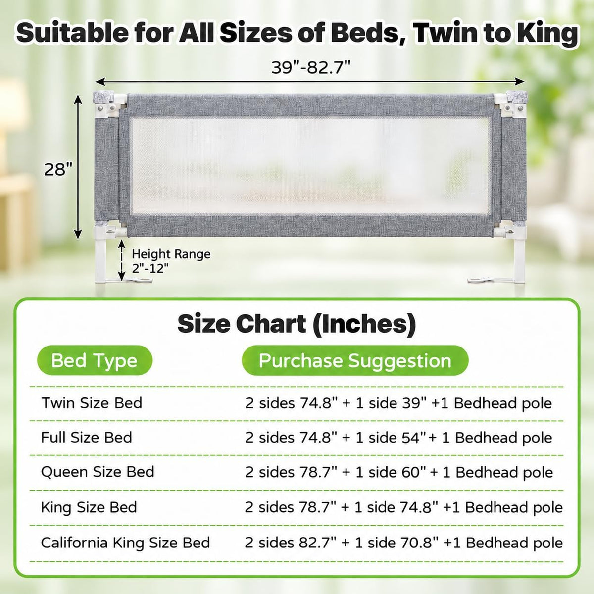 3-Piece Queen Size Bed Rail for Toddlers - Adjustable Baby Bed Rail Guard, Kids Safety Bed Rail for Queen Size Bed (78.7"x78.7"x60"-Grey)