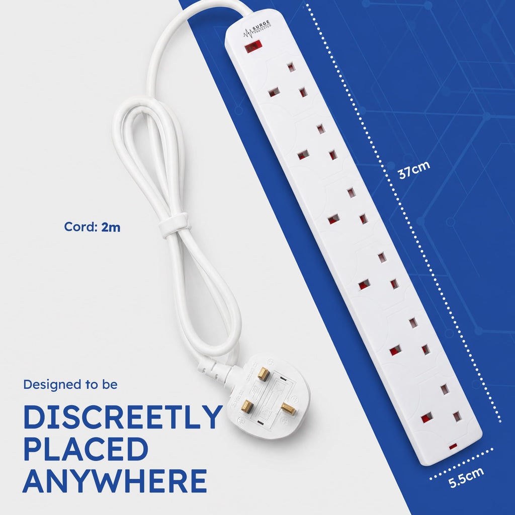 DESIRETECH White Electric Extension Lead - 6 Gang, 1 Metre Cable with UK Plug & 3 Pin Socket - Wall Mountable & Multi Socket Mains Strip for Home, Bedroom, Kitchen, & Office (1 Pack)