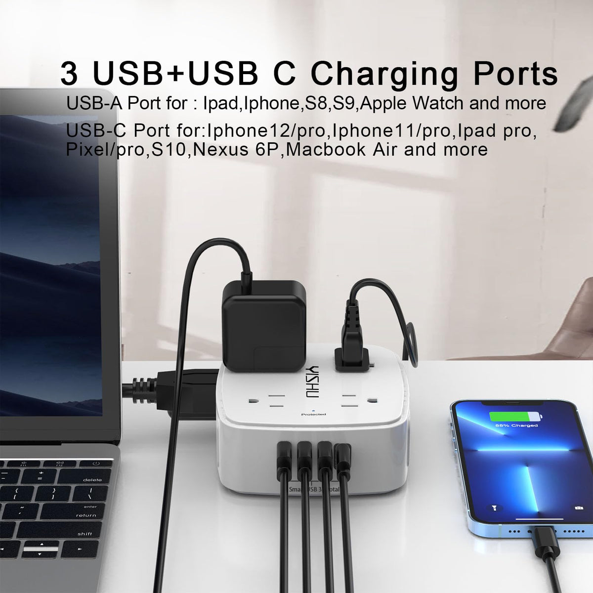 6 Ft Surge Protector Power Strip - YISHU 8 Widely Outlets with 4 USB Ports, 3 Side Outlet Extender with 6 Feet Flat Extension Cord, Ultra Flat Plug, Wall Mount, Desk USB Charging Station, ETL, Black