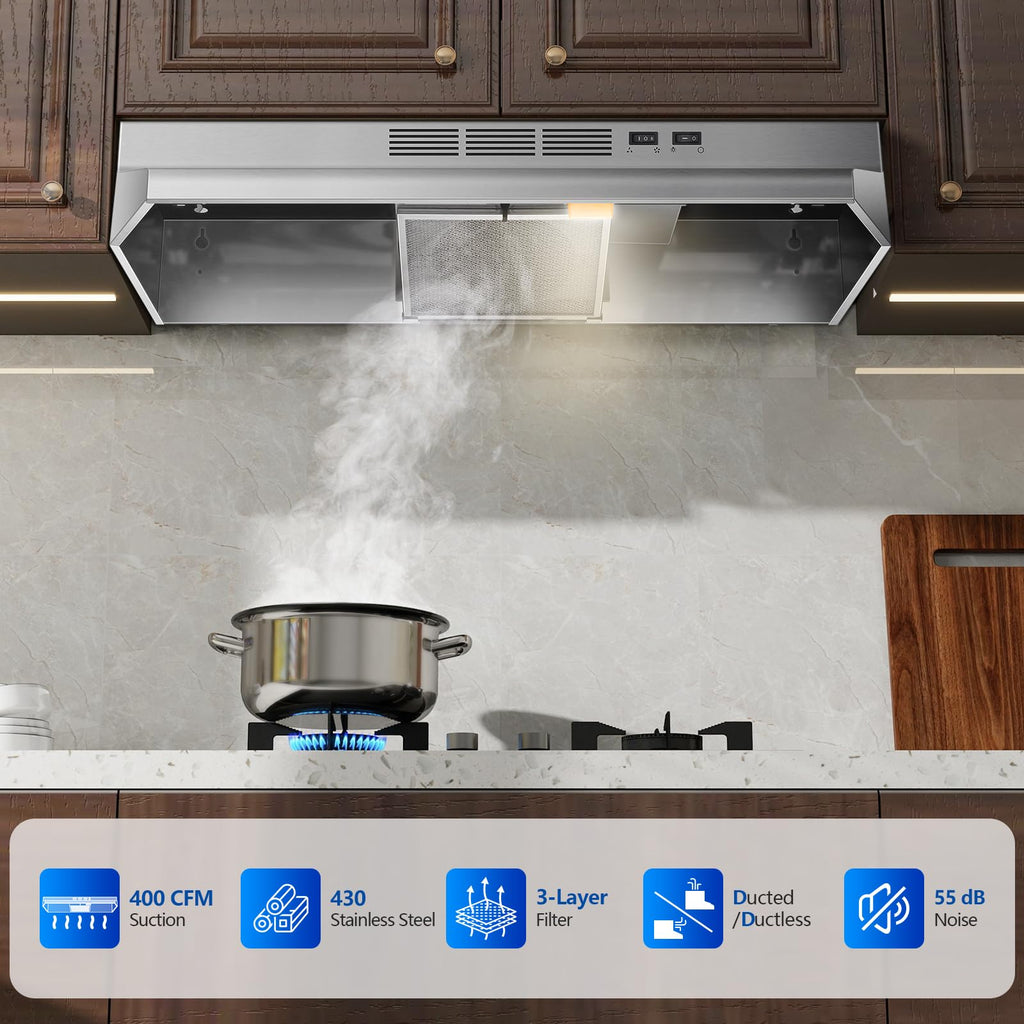 Tieasy Under Cabinet Range Hood 24 Inch, 400 CFM Stainless Steel Convertible Vent Hood with 2 Speed Exhaust Fan and Rocker Switch Control, Ducted/Ductless Kitchen Hood with Multiple Venting Options