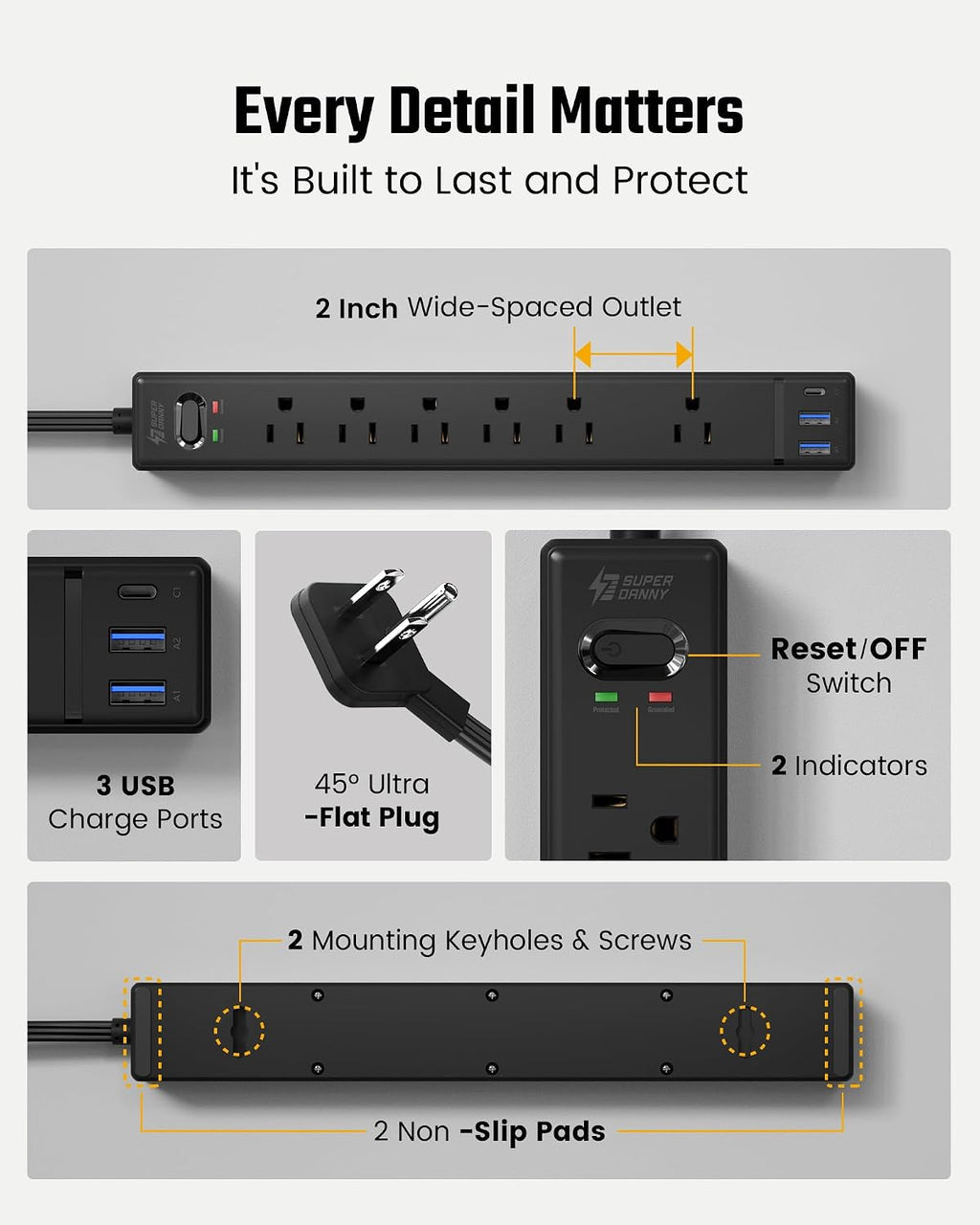 SUPERDANNY 6Ft Thin Extension Cord, Flat Plug Surge Protector Power Strip