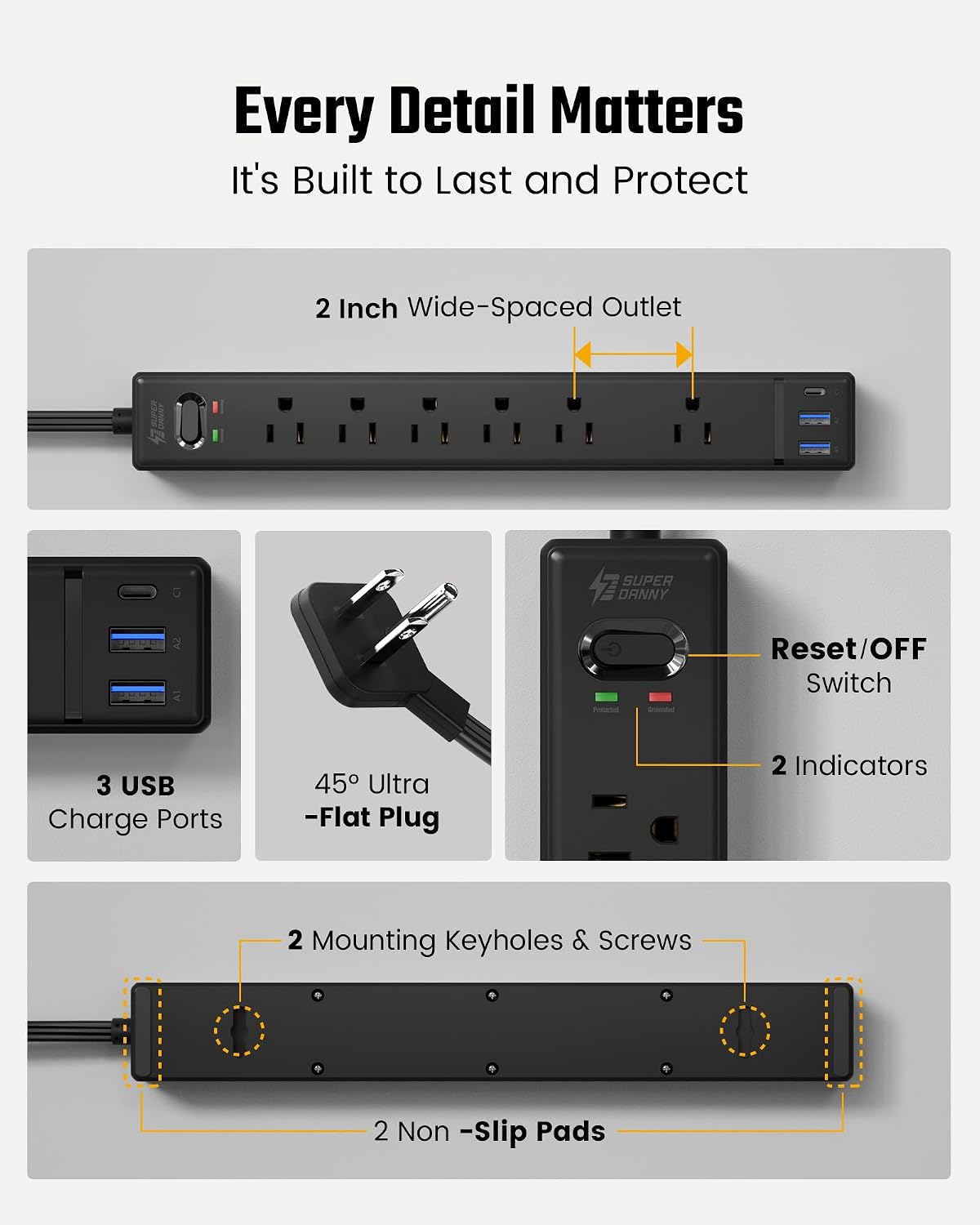 SUPERDANNY 6Ft Thin Extension Cord, Flat Plug Surge Protector Power Strip