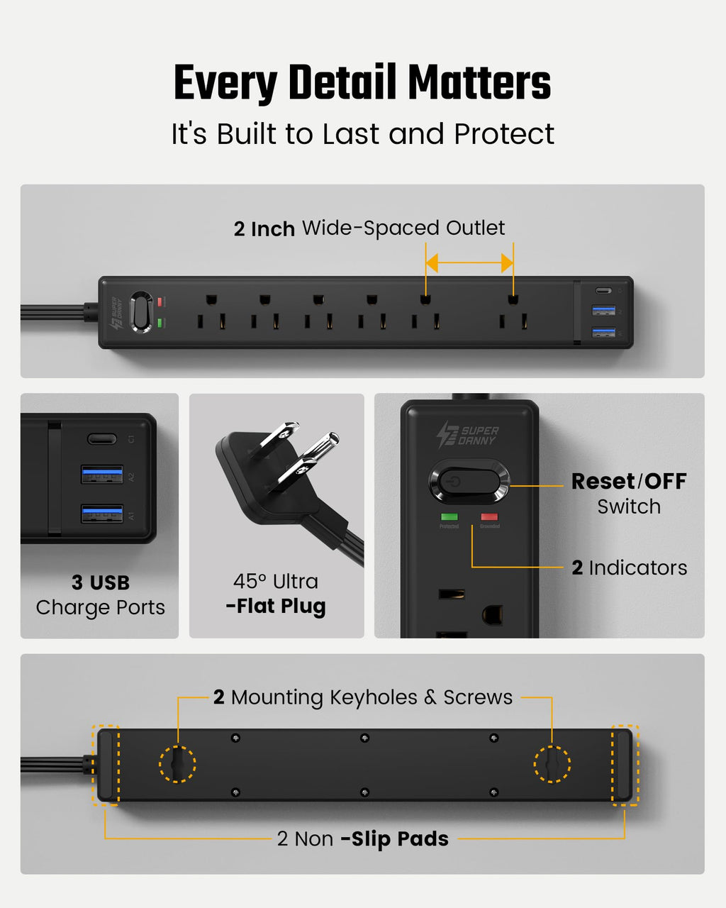 SUPERDANNY 6Ft Thin Extension Cord, Flat Plug Surge Protector Power Strip
