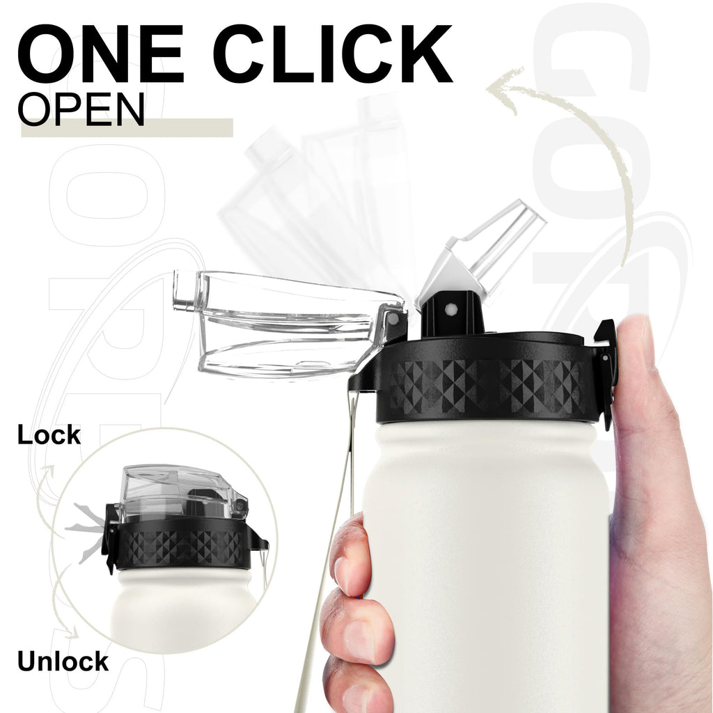 GOPPUS 600ml/20oz Stainless Water Bottle with Straw Double Wall Insulated Bottles with Strap One Hand Open Vacuum Thermal Flask with Flip Top Lid Leakproof Keep Cold Drinks BPA Free