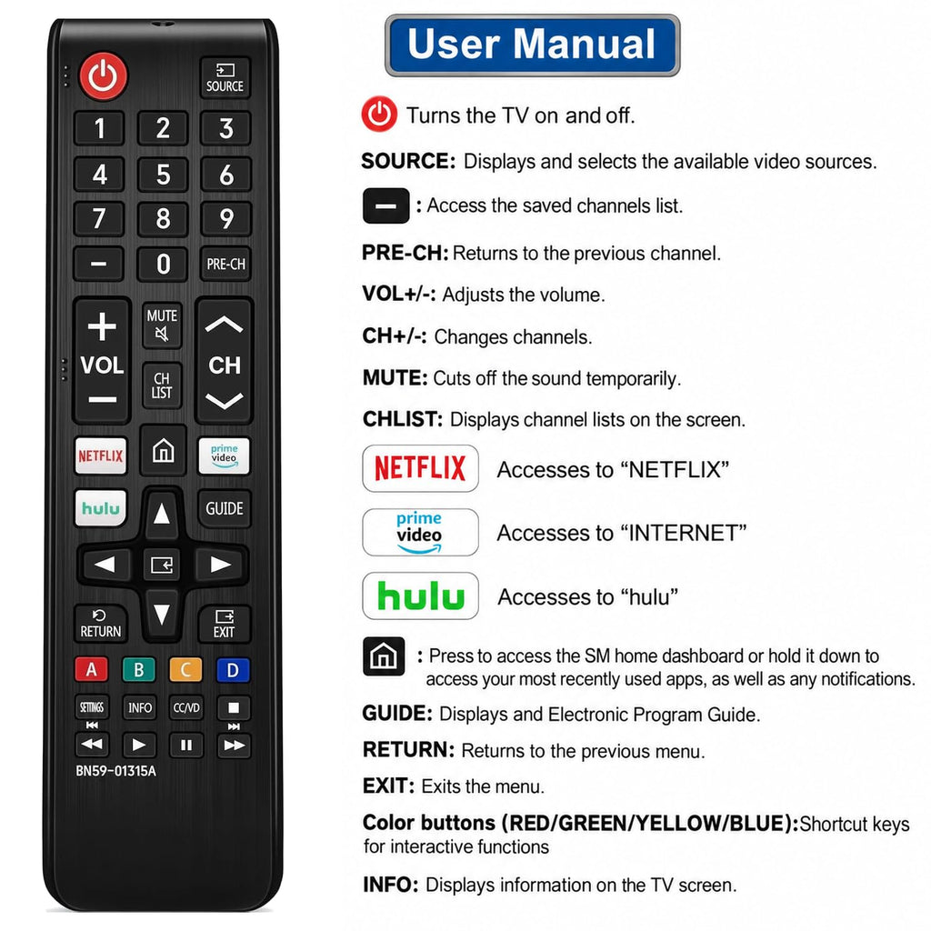 Replacement for Samsung TV Remote, for All 2019-2026 Samsung Remote Control for Smart TV with Voice Control. 2-Year Full Warranty.