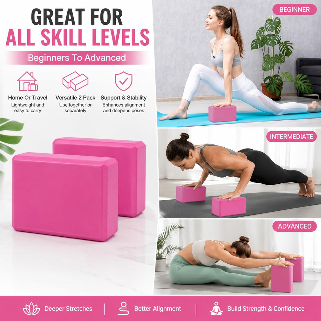 EXERZ Yoga Blocks 2pcs Gym Bricks -Comfortable Fitness Yoga Bricks, Anti-Slip, Lightweight and Travel Friendly Pilates Practice