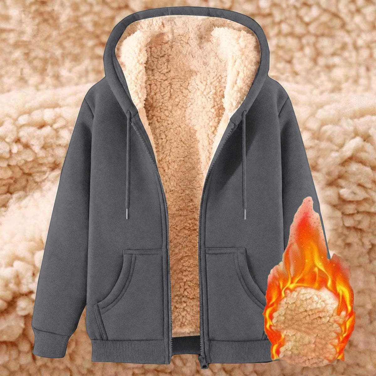 Teddy Fleece Mens Hoodies Sherpa Lined Fuzzy Jacket with Pockets Full Zip Hooded Adjustable Sweatshirts Winter Warm Jumper Coat Outwear Thermal Outfits Clothing